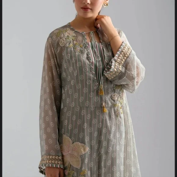 ETHNC Womens Dress  Kurta Tunic Longline With Pant Sage Green Embroidere… - Picture 6 of 9